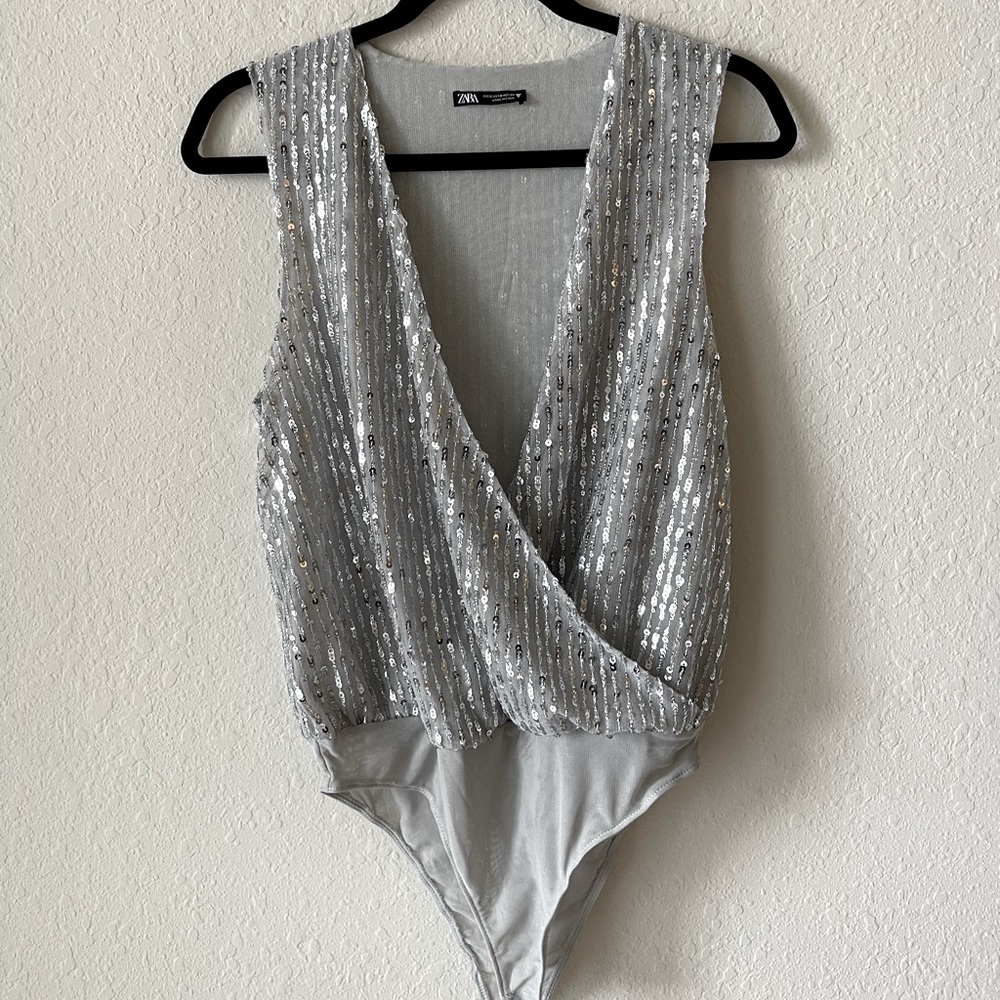 Shinny Zara bodysuit, silver in size Small.